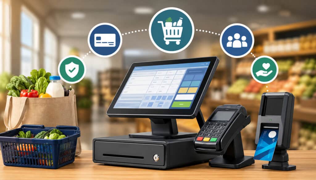 Modern EBT-compatible POS system at a retail checkout counter with digital payment icons, grocery items, secure transaction interface, and contactless payment technology illustration
