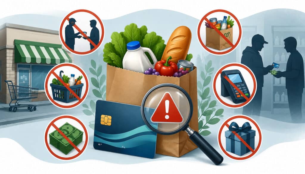 Illustration showing common SNAP trafficking violations with EBT card misuse, prohibited cash exchanges, grocery items, payment terminal, and fraud warning symbols in a retail store setting