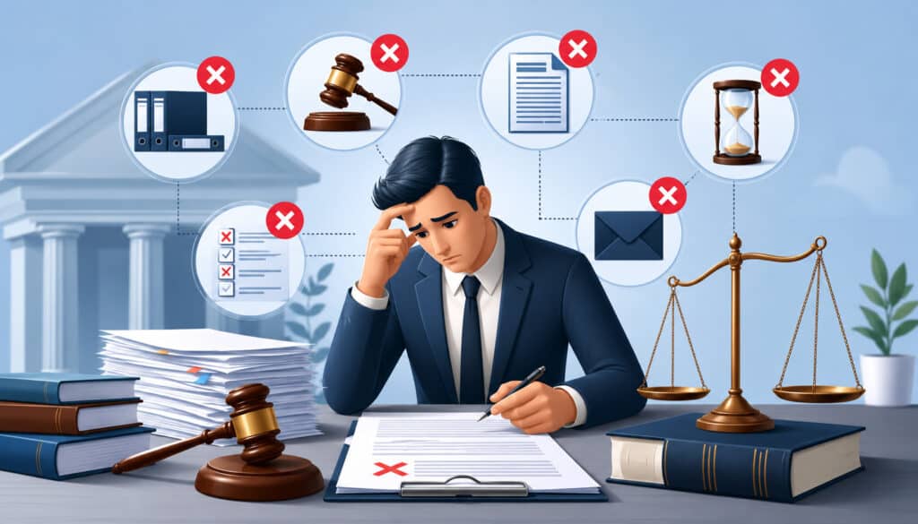 Illustration of a stressed professional reviewing legal appeal documents with warning icons, courthouse background, checklist, gavel, and paperwork representing common mistakes during the appeal process