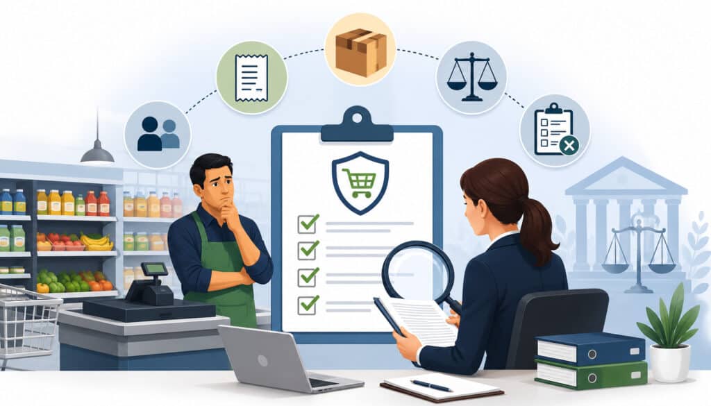 Illustration of a SNAP grocery retailer reviewing FNS violation appeal documents with compliance checklist, legal audit icons, and supermarket background