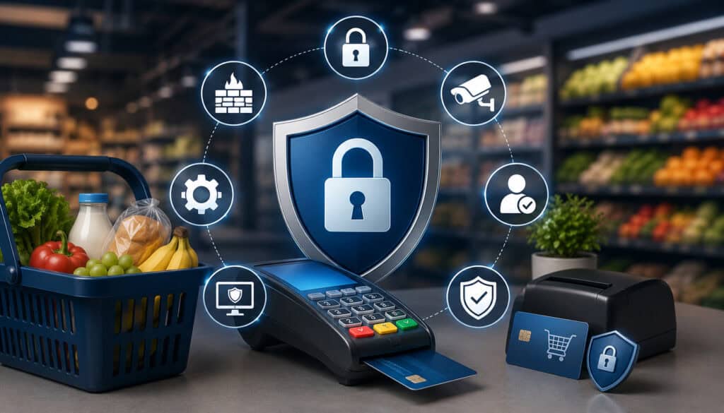 Illustration of secure EBT payment processing in a retail grocery store with POS terminal, cybersecurity shield icons, encrypted payment system, and digital security protection elements