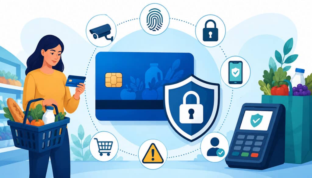 Illustration of EBT fraud prevention with secure payment card, shopping cart, POS terminal, security shield, and digital protection icons in a grocery store setting