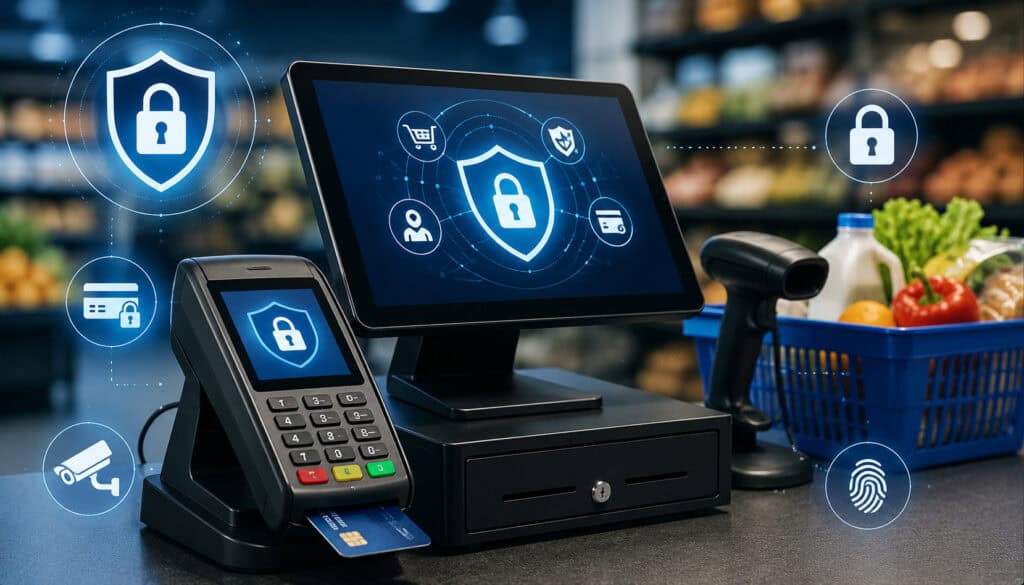 Secure EBT terminal and POS system with digital payment security icons in a modern grocery retail environment