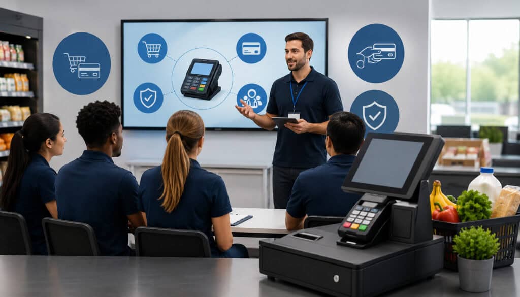 Employees participating in EBT POS system training session with payment terminal, retail checkout setup, and digital payment operation icons in a modern business environment