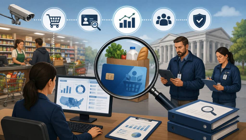 Illustration showing investigators analyzing SNAP benefit transactions and grocery purchases to detect food stamp trafficking violations through monitoring systems, data analysis, and retail compliance checks