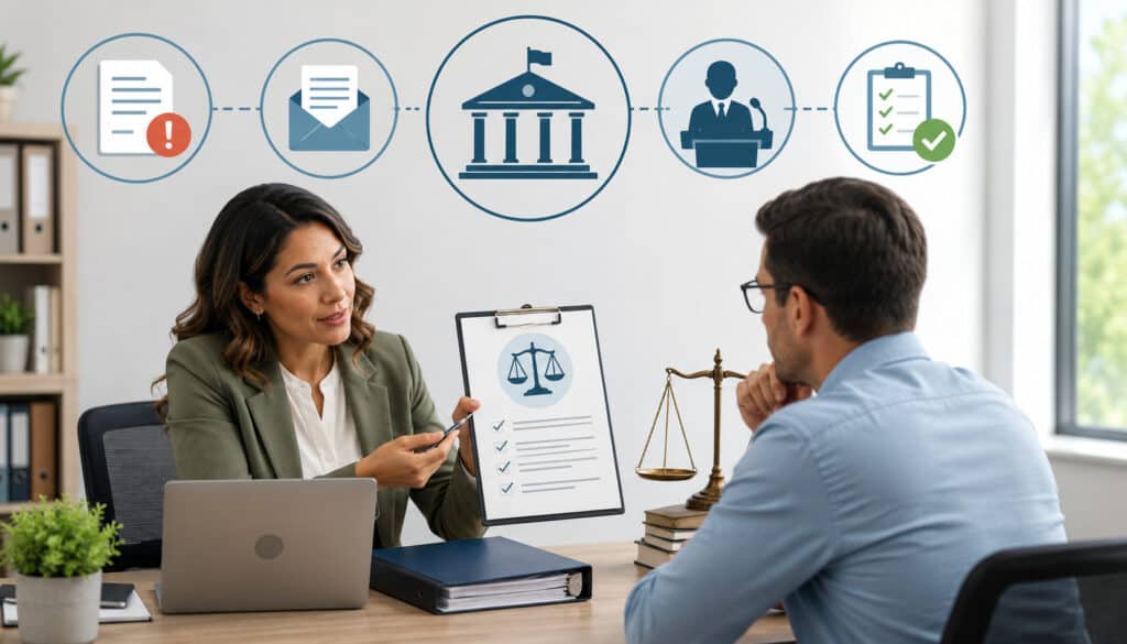 Business owner consulting with legal advisor about appealing an FNS violation with compliance documents, justice icons, and administrative review process illustration