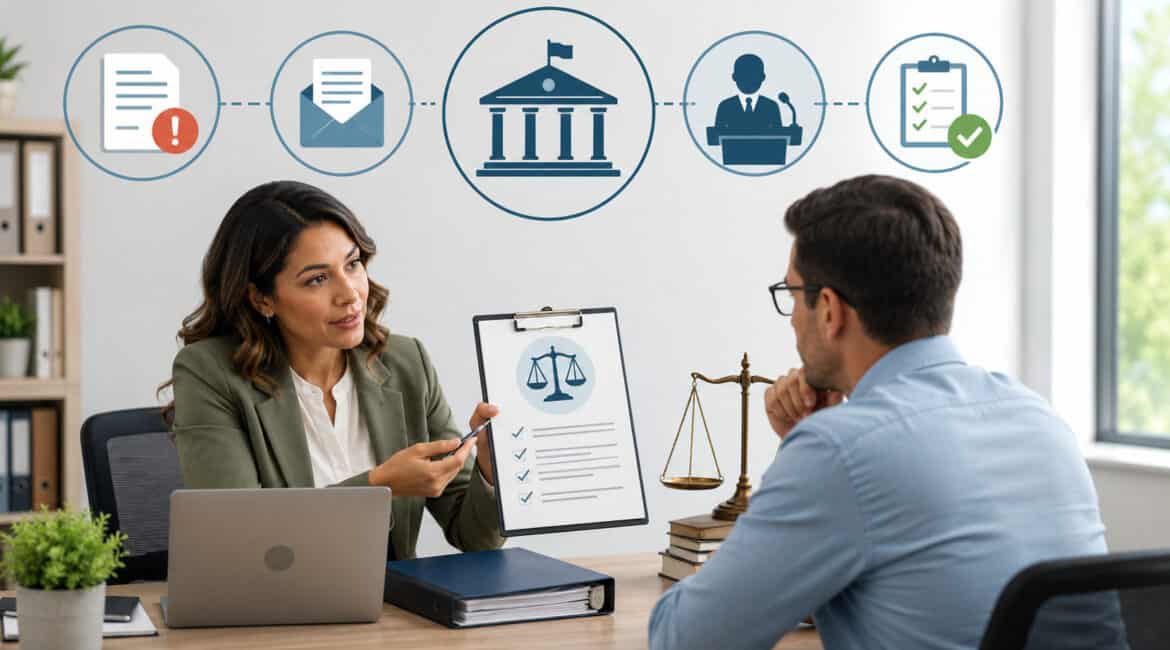 Business owner consulting with legal advisor about appealing an FNS violation with compliance documents, justice icons, and administrative review process illustration