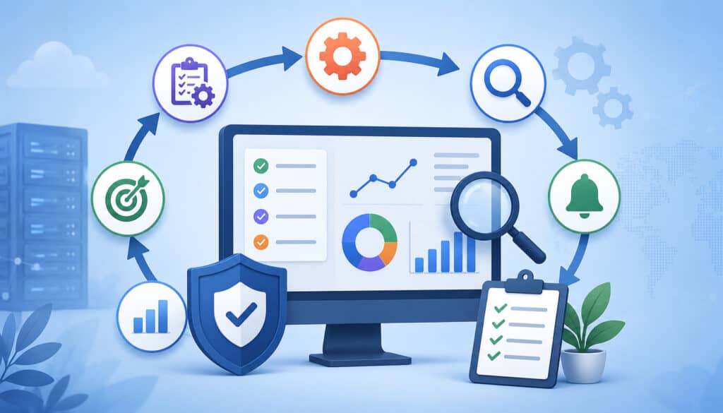 AI-generated illustration of a SNAP rule monitoring process dashboard with compliance analytics, automated alerts, payment monitoring icons, and digital workflow elements in a modern financial technology environment