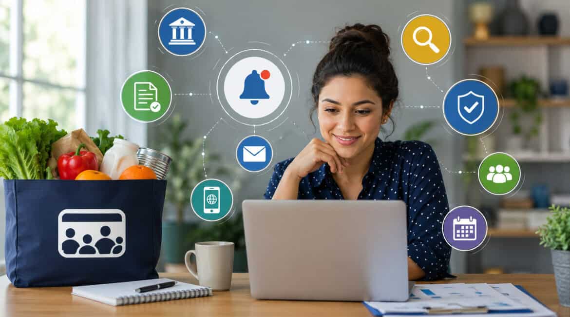 Person reviewing SNAP program updates online with notification and compliance icons in a modern home office setting