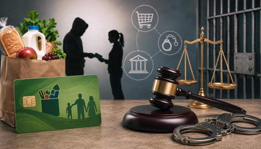 Illustration of SNAP trafficking violations showing an EBT card, grocery items, legal gavel, handcuffs, and jail bars symbolizing penalties for food stamp fraud