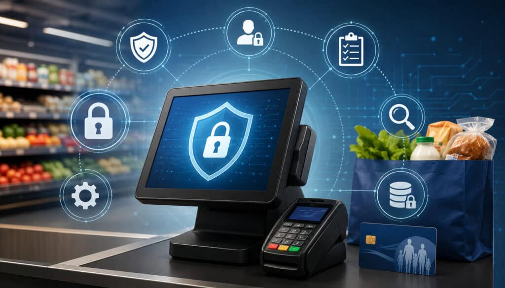 Secure EBT POS system setup with digital payment terminal, cybersecurity shield icons, encrypted transaction symbols, and grocery store checkout background representing compliance and data protection