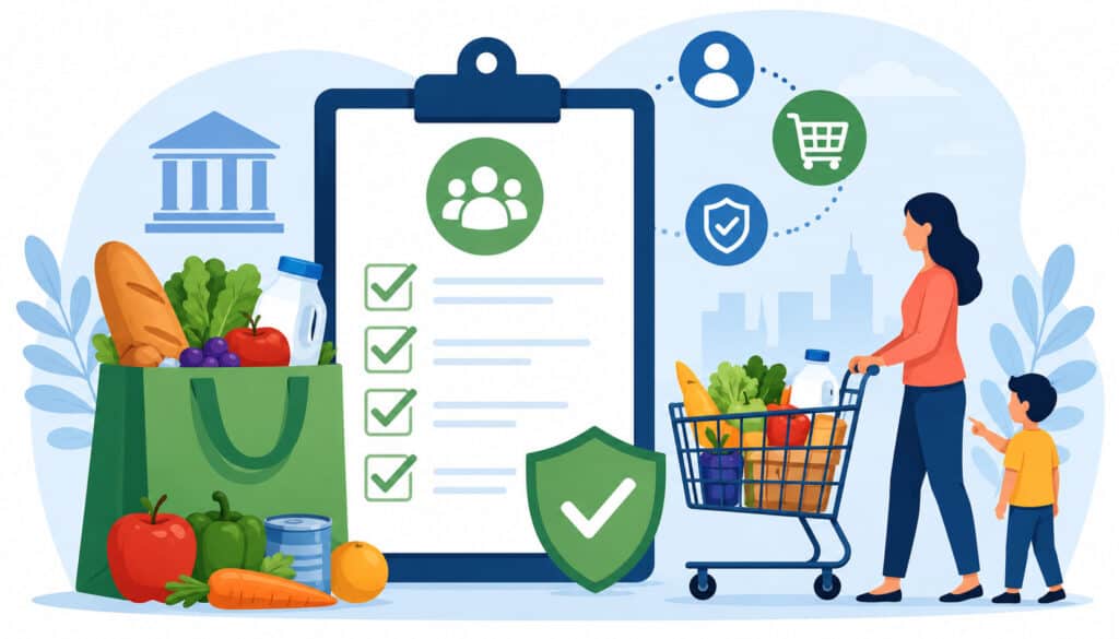 Illustration of SNAP product eligibility compliance with grocery shopping, approval checklist, food assistance icons, and secure payment verification concepts