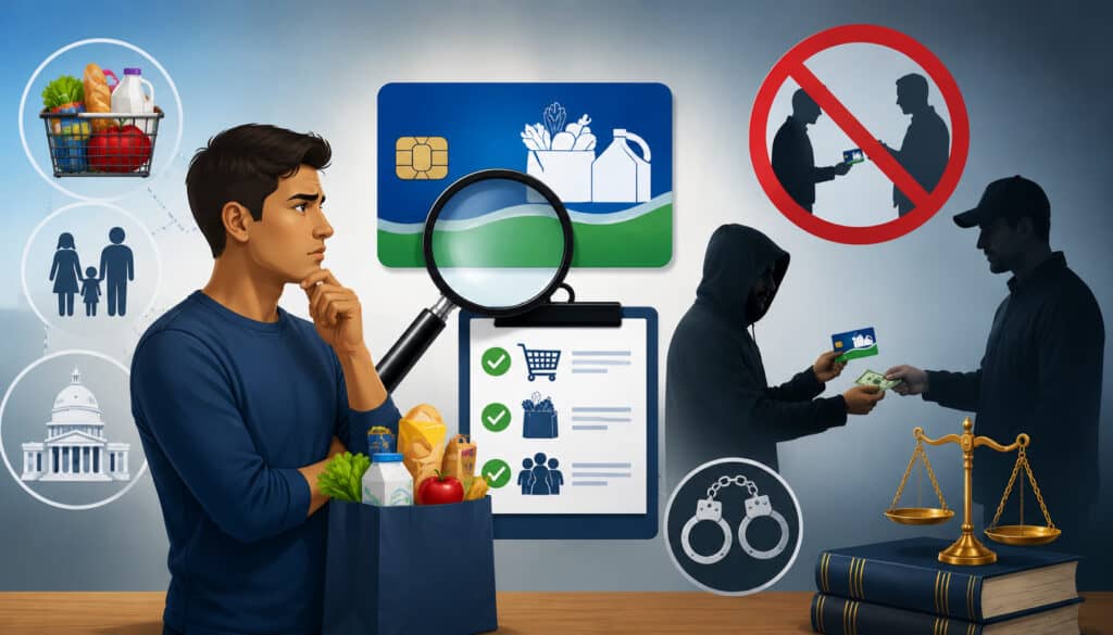 Illustration showing SNAP trafficking violations with EBT card exchange, grocery items, legal warning symbols, magnifying glass, courthouse icons, and law enforcement imagery representing food assistance fraud investigation