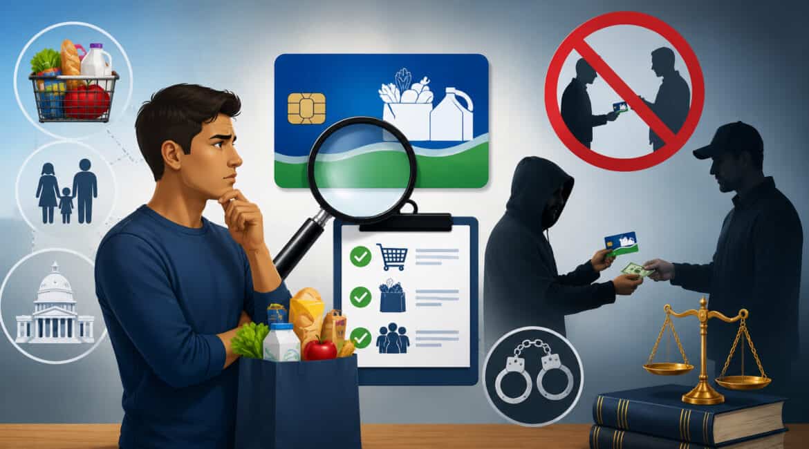 Illustration showing SNAP trafficking violations with EBT card exchange, grocery items, legal warning symbols, magnifying glass, courthouse icons, and law enforcement imagery representing food assistance fraud investigation