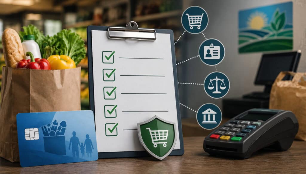 Illustration of a USDA compliance checklist for EBT merchants featuring a clipboard, EBT card, grocery items, payment terminal, and compliance security icons in a retail setting