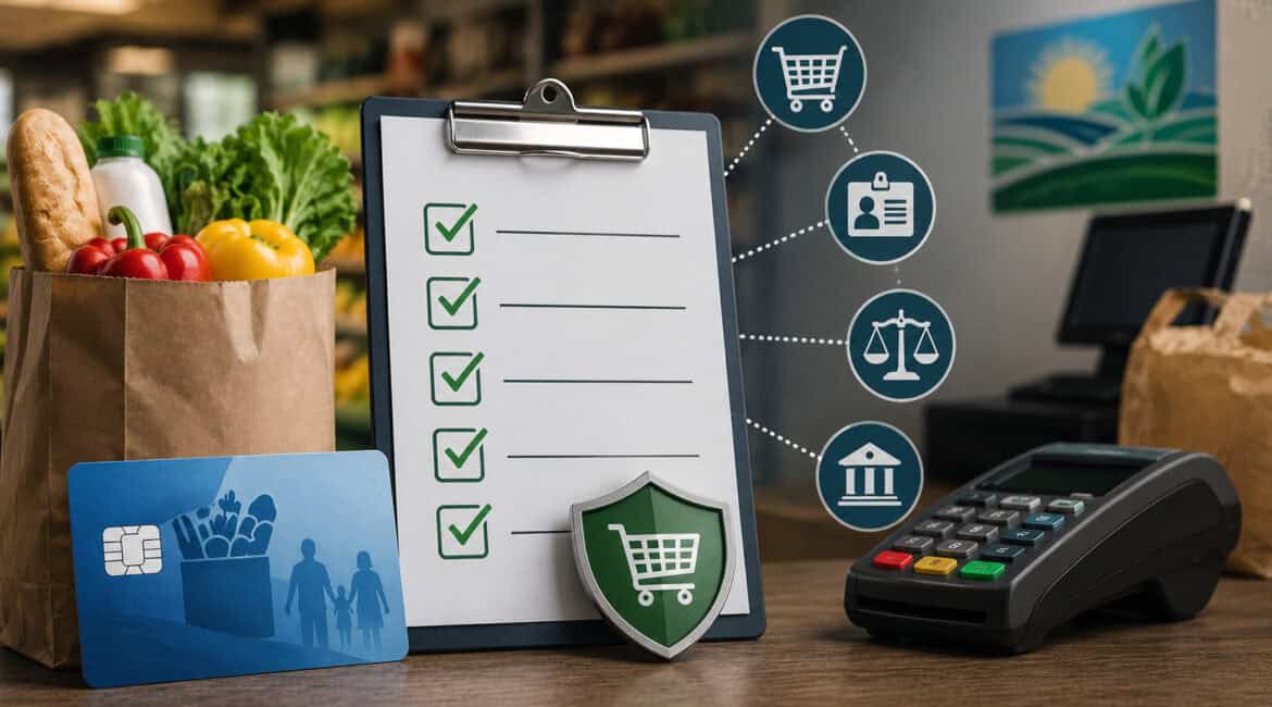 Illustration of a USDA compliance checklist for EBT merchants featuring a clipboard, EBT card, grocery items, payment terminal, and compliance security icons in a retail setting