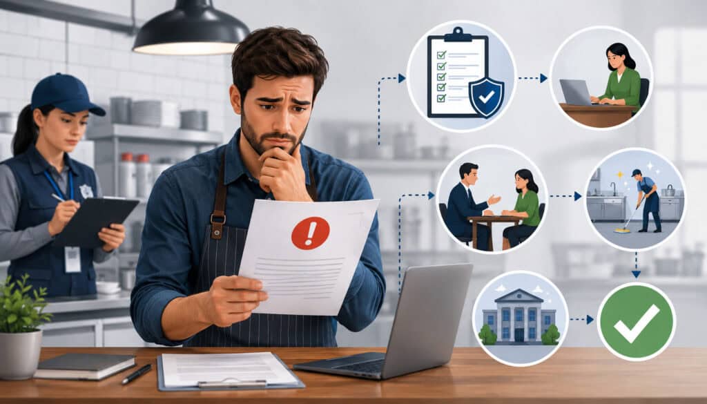 Concerned small business owner reviewing an FNS violation notice with compliance, legal review, inspection, and resolution process icons in a modern office setting