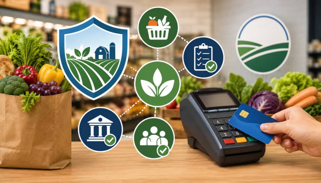 Illustration of USDA-compliant EBT payment processing at a grocery store checkout with fresh produce, payment terminal, and food assistance compliance icons