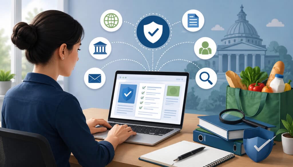 Professional illustration of a compliance specialist reviewing SNAP policy updates on a laptop with security, government, and research icons alongside grocery items in a modern office setting